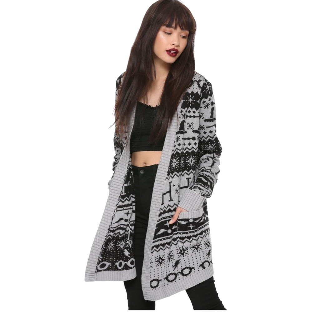 Harry Potter Black Gray Women Fair Isle‎ Cardigan Sweater Small EUC Whimsygoth
